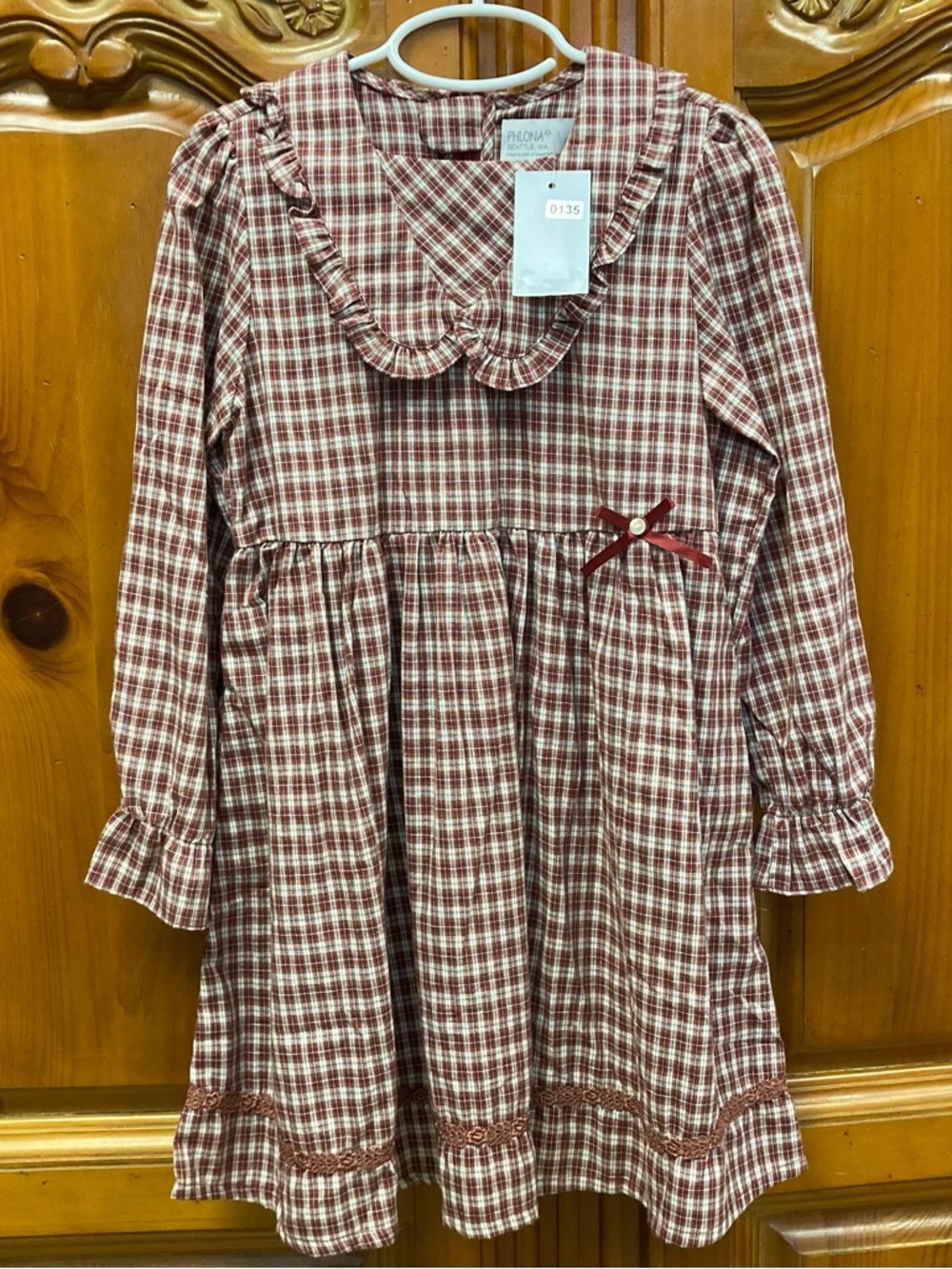 Phlona Plaid Ruffle Collar Dress Burgundy Cream Long Sleeve NWT Size 6yr.